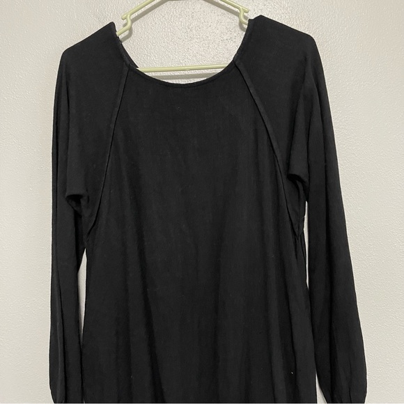 Umgee Long Sleeve Linen Blend Dress Black Fringe Rounded Womens Small - Picture 2 of 7